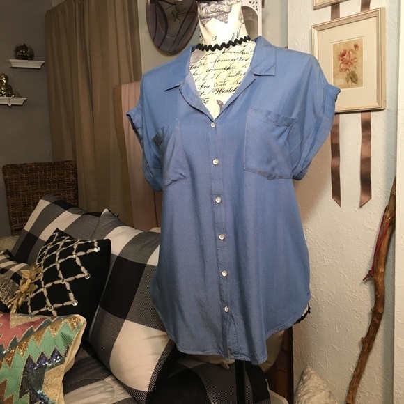 Jachs Girlfriend rolled sleeve rayon denim look top - Picture 1 of 8